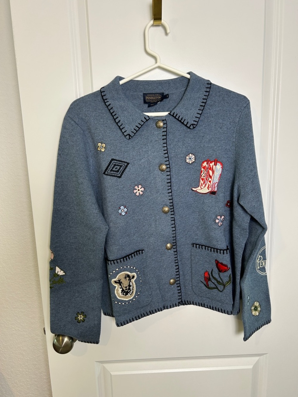 Pendleton Blue Embroidered Wool Blazer Jacket with Patches
